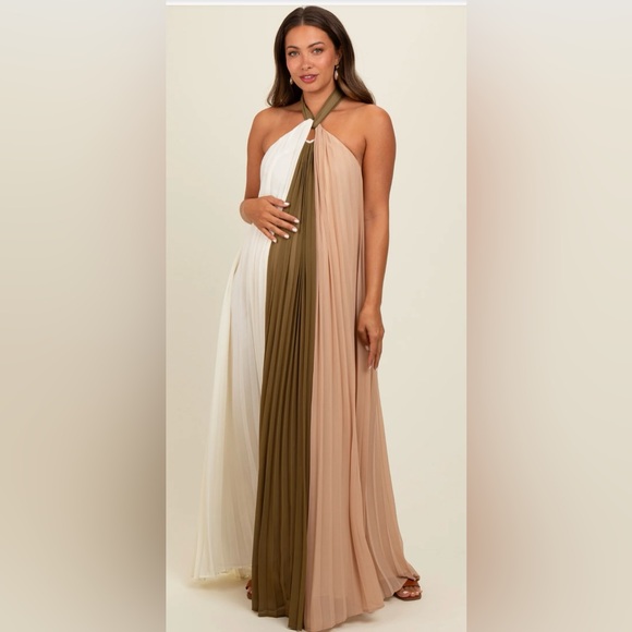 Pinkblush Dresses & Skirts - Pinkblush Olive Colorblock Pleated Halter Neck Maternity Maxi Dress Size Large